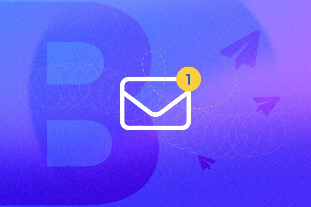 ikona e-mailu s číslem jedna, symbolizující první odeslání, na modrofialovém pozadí s přechodem