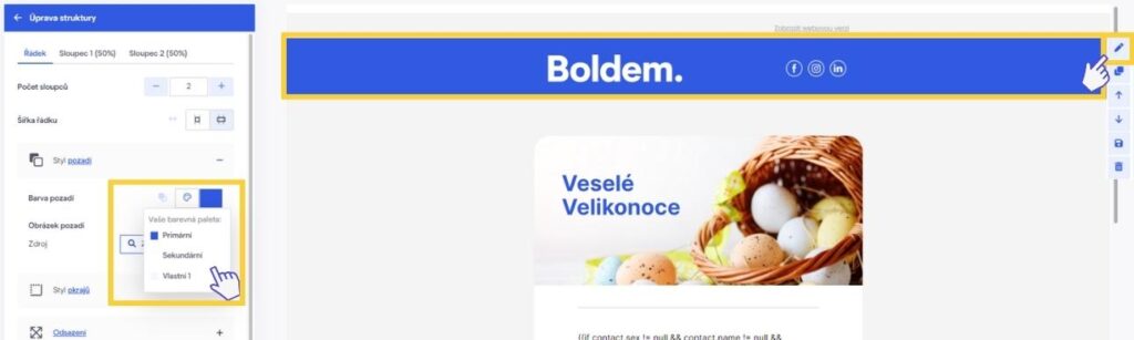 Příprava hromadné rozesílky v chytrém editoru. Změna barvy celého řádku.
