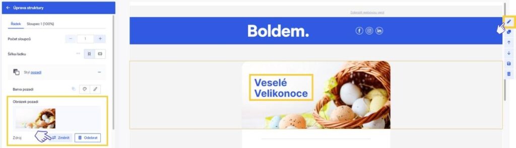 Příprava hromadné rozesílky v chytrém editoru. Obrázek na pozadí a libovolný obsah přes něj.