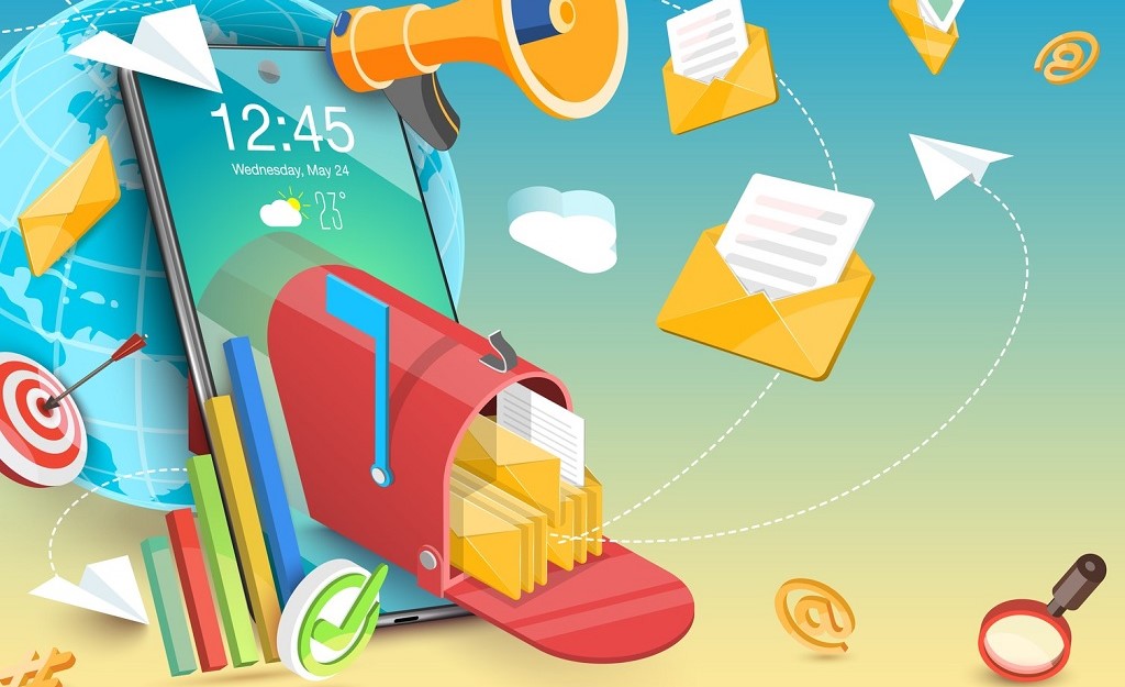 Grafika shrnující e-mail marketing: schrnka s poštou, znaky zavináčů, terč jako symbol cílení, megafon, papírové vlasštovky