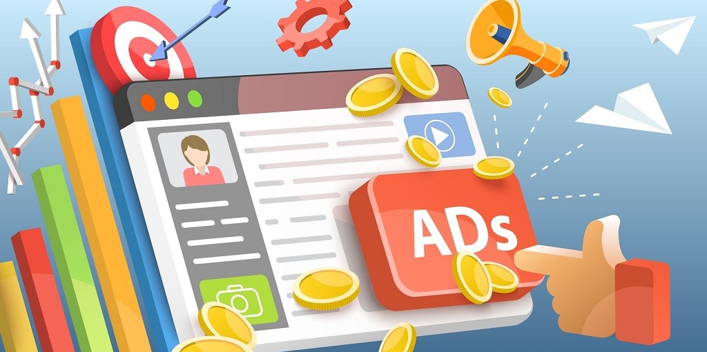 Grafika shrnující placené reklamy, náhled na webovou stránku, statistiky, grafy, mince, kolečko s nastavením, megafon