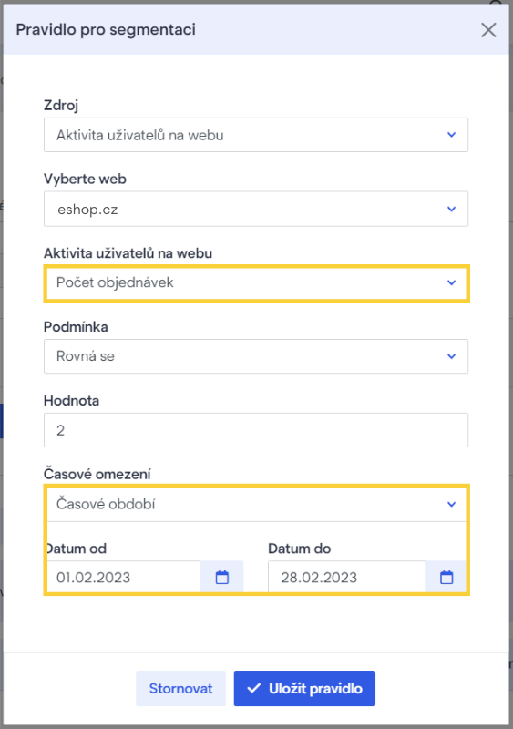 Návod, jak segmentovat dle počtu objednávky
