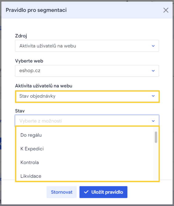 Návod, jak segmentovat dle stavu objednávky