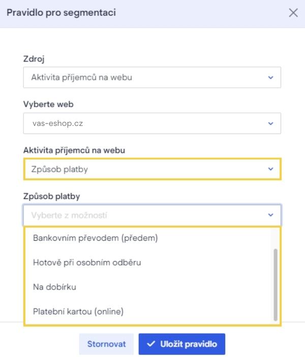 Segmentace podle platby v aplikaci Boldem.