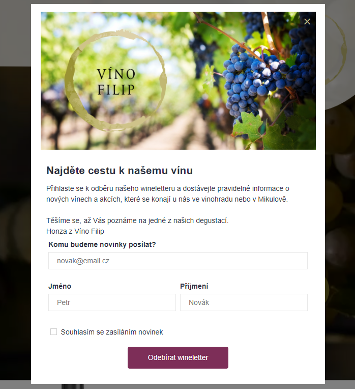 Příklad pop-up okna pro získávání nových kontaktů a následnou uvítací kampaň