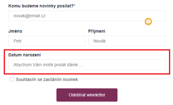 Screenshot sběrného formuláře s příkladem toho, jak si říct o datum narození