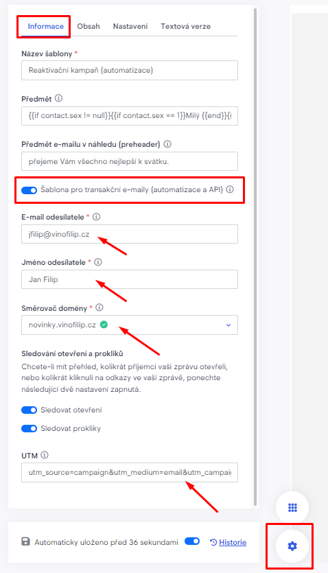Screenshot s ukázkou, jak přepnout šablonu pro transakční e-maily a co všechno v ní vyplňovat