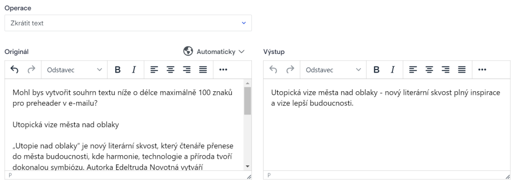 Chat GPT v Boldem editoru. Zkrácení textu.